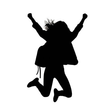 Kolları havada zıplayan, beyaz bir arka planda izole edilmiş, heyecan ve özgürlüğü ifade eden yüksek kontrastlı bir siluet..