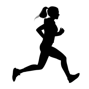 Koşan, atletizm ve zindelik sergileyen bir kadının silüeti. Spor, sağlık ve yaşam tarzı temaları için mükemmel.