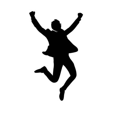 Takım elbiseli bir iş adamının silueti kollarını kaldırarak atlıyor, beyaz bir arkaplanda heyecan ve başarı ifade ediyor..