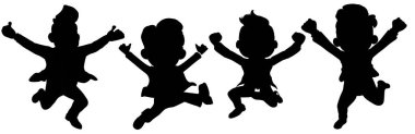 Dört çocuğun siyah siluetleri neşeyle zıplıyor, mutluluk ve heyecanı çeşitli hareketlerle ifade ediyor..