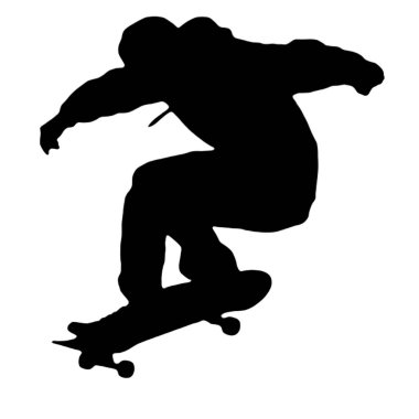 Bir kaykaycının yüksek kontrastlı silueti havada dinamik hareket ve atletizm sergiliyor..