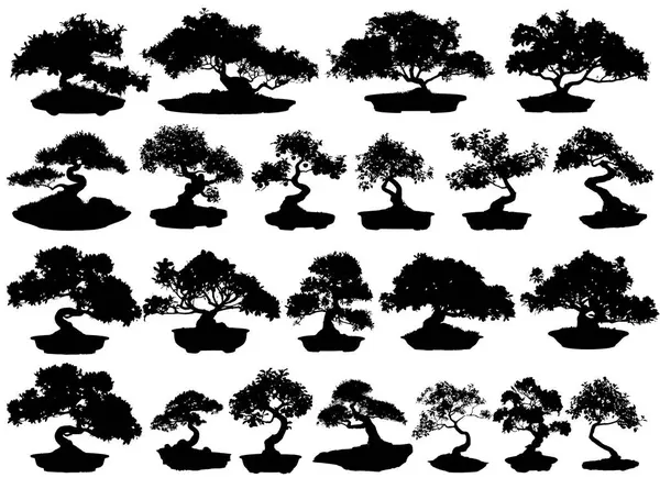 stock image A collection of four bonsai tree silhouettes showcasing different shapes and styles, perfect for design projects and artistic inspiration.