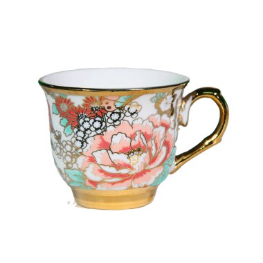 Çok güzel dekore edilmiş bir porselen çay fincanı. Karmaşık çiçek desenleri ve altın desenleri var. Beyaz arka planda izole edilmiş..