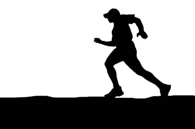 Hareket halindeki bir koşucunun dinamik silueti, beyaz arka planda, atletik performansın enerjisini ve kararlılığını gösteriyor..