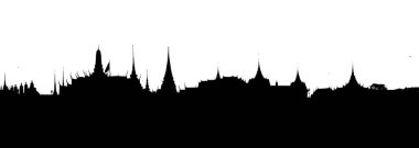 Beyaz arka planda izole edilmiş sivri çatıları ve kuleleri olan karmaşık bir Asya tapınağı kompleksinin siyah silüeti..