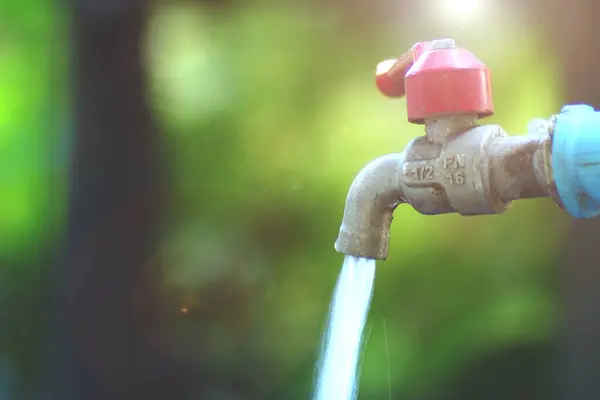 Stock image A detailed image of an outdoor water faucet with water flowing, set against a lush green garden background with sunlight.