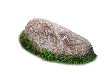 Beyaz zemin üzerinde izole edilmiş büyük bir doğal kayanın yüksek çözünürlüklü görüntüsü, peyzaj, bahçe tasarımı ve doğa temalı projeler için mükemmel..