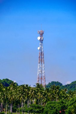 Yüksek bir telekomünikasyon kulesi, tropikal bir arazide açık mavi bir gökyüzünün altında yemyeşil palmiye ağaçlarının arasında duruyor..