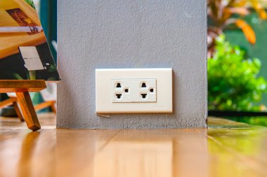 Modern bir elektrik prizine yakın plan. Çağdaş bir evin içinde ahşap zemin ve arka planda yeşillik olan bir ev..