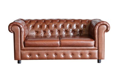 Zarif kahverengi deri kanepe klasik düğme tokuşturma ve rulo kollar, şık iç mekanlar için mükemmel..