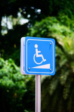 Rampa sembollü mavi tekerlekli sandalye erişilebilirlik tabelasına yakın plan, yemyeşil yeşillikler üzerine kurulmuş..