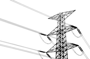 Yüksek voltajlı elektrik hattı kulesinin siyah silueti beyaz arka planda izole edilmiş, enerji ve altyapı teması için ideal..