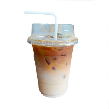 Iced coffee in a clear plastic cup with a straw, isolated on a white background, perfect for cafe and beverage themes. clipart