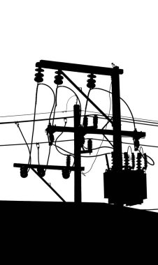 Yüksek kontrastlı elektrik hatları ve trafo silueti, temiz bir gökyüzüne karşı endüstriyel tasarım sergiliyor..