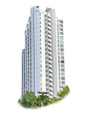 Çağdaş, gösterişli bir tasarımı olan, balkonları olan ve yemyeşil bir apartman dairesi..