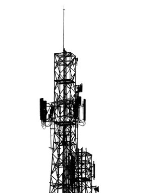 Modern telekomünikasyon teknolojisi ve altyapısını gösteren bir iletişim kulesinin siyah ve beyaz silueti..