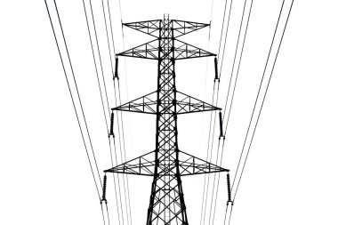 Isolated high voltage transmission tower on a white background, ideal for energy, infrastructure, and industrial themes.