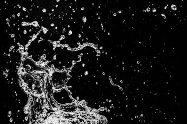 Su damlacıklarının yüksek hızda yakalanması siyah arka plana sıçrıyor, sıvı hareketi ve dinamik enerjiyi gösteriyor.