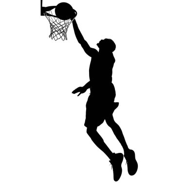 Basketbolcunun silueti smaç basıyor, atletizm ve enerji gösterisi yapıyor..