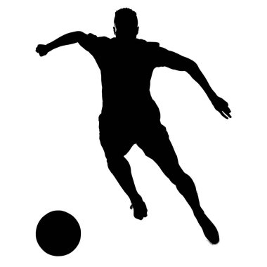 Bir futbolcunun silueti, sporun enerjisini ve hareketini temiz beyaz bir zemine yansıtıyor..