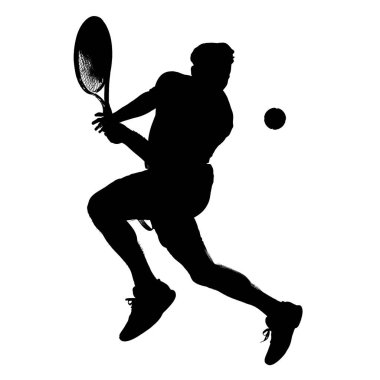 Tenis oyuncusunun silueti, hareketin ortasında, sporun enerjisini ve hareketini temiz beyaz bir zemine yansıtıyor..