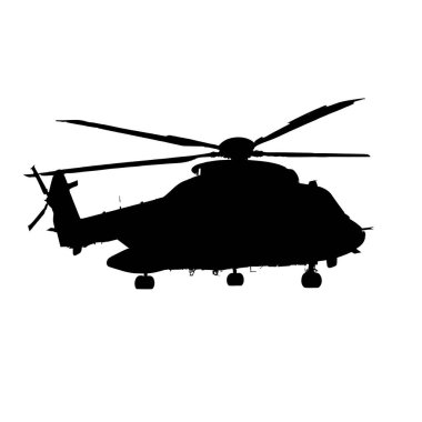 Havacılık ve ulaşım kavramlarını beyaz bir zemin üzerinde vurgulayan uçan bir helikopterin siyah silüeti.