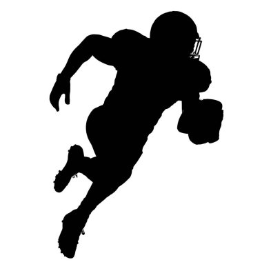 Amerikan futbolcusunun dinamik silueti topla koşuyor, atletizm ve hareket sergiliyor..