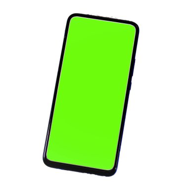 Smartphone with vibrant green screen, perfect for mockups and design presentations. Isolated on a white background.