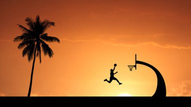 Bir basketbolcunun dinamik silueti çarpıcı bir günbatımı arkaplanına palmiye ağacıyla smaç basıyor..