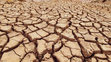 * * Kurak bölgeler üzerindeki kuraklık ve iklim değişikliğinin etkilerini gösteren çatlamış, kuru toprak detaylı bir görünüm.