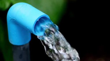 Arka planda yeşil yapraklı mavi plastik şişede su damlası. ekoloji ve çevre kavramı.