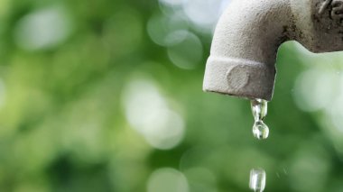 Damlacıklı bir su musluğunun detaylı görüntüsü, yemyeşil bir zemin üzerine kurulmuş, korunmayı ve doğayı sembolize ediyor..