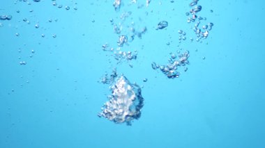 Köpüklerin yakın çekimi berrak suda, parlak mavi bir zemin ile yükseliyor, ferahlatıcı ve huzurlu bir su altı anını yakalıyor..