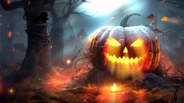 Düşen yapraklar ve ürkütücü bir atmosferle çevrili mistik bir ormanda parlayan bir balkabağı..