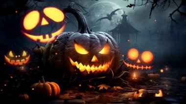 Fenerlerin parladığı ürkütücü Cadılar Bayramı sahnesi, dolunay ve perili orman atmosferi..