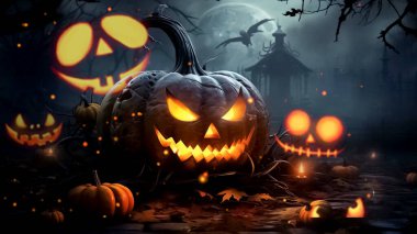 Ürkütücü Cadılar Bayramı sahnesinde parıldayan fenerler, dolunay ve korkunç bir mezarlık atmosferinde yarasalar..