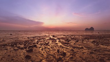 Geniş çamurlu gelgit düzlüklerinin büyüleyici günbatımı manzarası. Renkli bir gökyüzü ve uzak dağlar. Huzurlu ve resimli bir manzara yaratıyor..