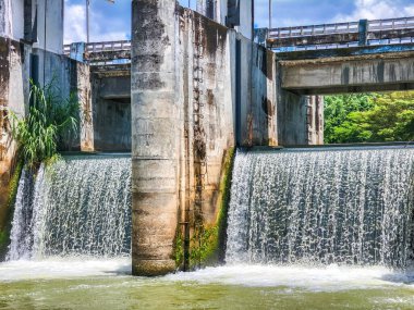 Berrak mavi gökyüzünün altında yeşilliklerle çevrili çağlayan suyu olan beton bir su barajı..