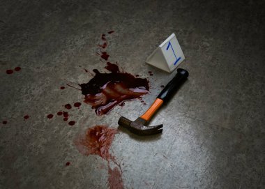 murder weapon hammer, blood of victim and evidence marker on floor. concept murder and the crime scene investigation