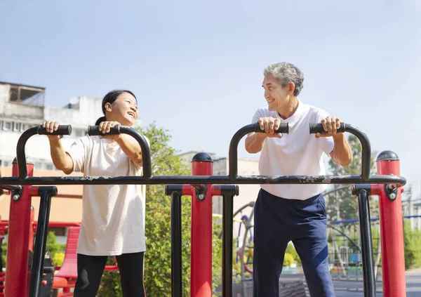 asian senior couple doing exercise at gym machine in park,concept for elderly people lifestyle,outdoors activity,workout,recreation