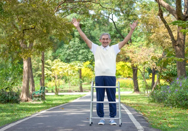 Homem Sênior Com Andador Levantando Mãos Gesticulando Felicidade Enquanto Pratica — Fotografia de Stock
