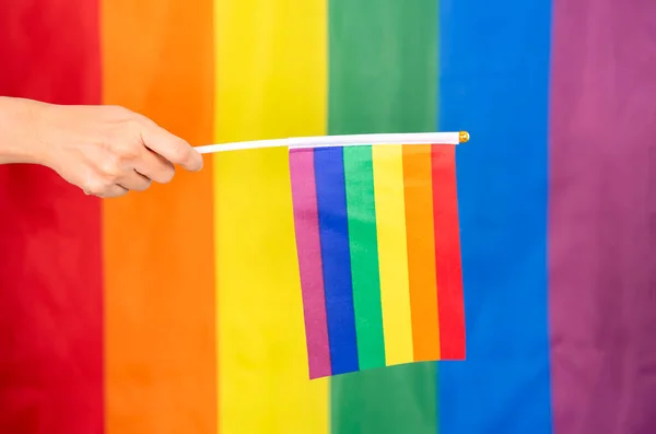 Hand Holding Colorful Rainbow Gay Flag Symbol Lgbt People Diversity — Stock Photo, Image