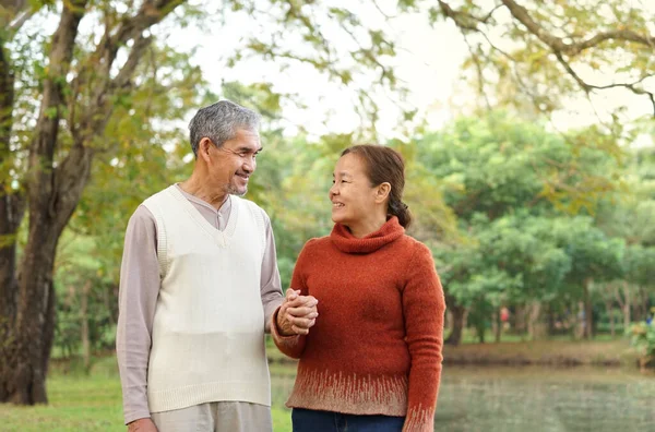 romantic asian elderly couple talking and hands holding together in autumn park,older adult people relaxing in nature,concept of lifestyle,family,family relationship