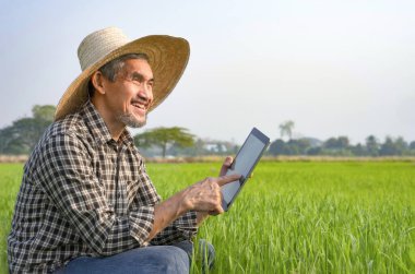 Portre olgun Asyalı adam dijital tablet tutuyor yeşil çeltik tarlasında mutlu bir şekilde oturuyor pirinç tarlasında çalışan akıllı çiftçi teknolojiyi kullanan modern çiftçi kavramı pirinç bitkisini geliştiriyor.