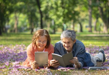 Asyalı son sınıf evli çift parkta eğleniyor, çimenlerin üzerinde uzanıyorlar, bir adam kitap okuyor ve kadın dijital tablet oynuyor, yaşlılar yaşam tarzı kavramı, dinlenme, dinlenme.