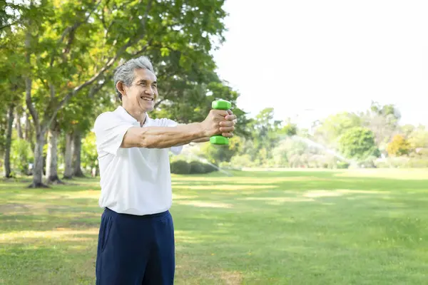 asian senior doing exercise with dumbbell in the summer park,happy older adult male having fitness workout in green nature,concept of elderly people health care,exercising,wellness,wellbeing