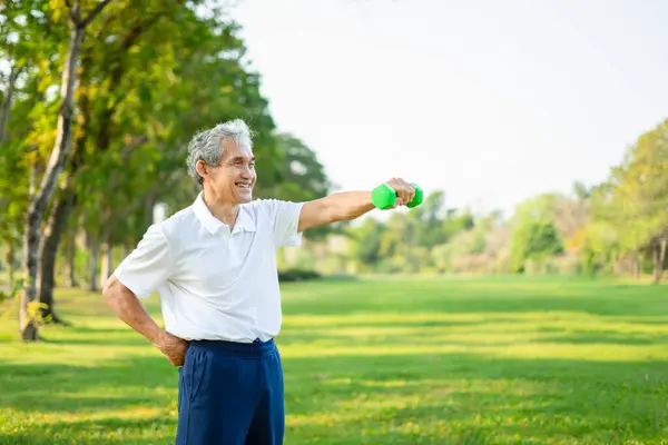 asian senior doing exercise with dumbbell in the summer park,happy older adult male having fitness workout in green nature,concept of elderly people health care,exercising,wellness,wellbeing