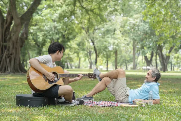 Büyük baba çimenlerin üzerinde yatıyor ve genç yetişkin oğul parkta gitar çalıyor, mutlu Asyalı aileyi birbirine bağlıyor tatilin tadını çıkarıyor, aile hayatı, ilişki.