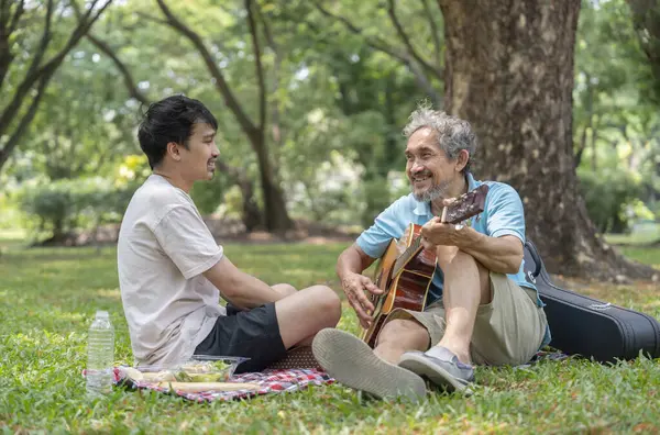 Mutlu Asyalı aile arasında piknik yapmak, büyük baba gitar çalmak, konuşmak, parkta genç yetişkin oğluyla gülümsemek.