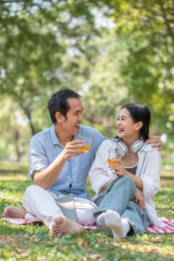 Romantik Asyalı çift boş zamanlarını parkta birlikte dinlenerek, piknik yaparak, oturarak, gülümseyerek, içerek, bağ kurarak, aile hayatı yaşayarak, ilişki kurarak geçirir.